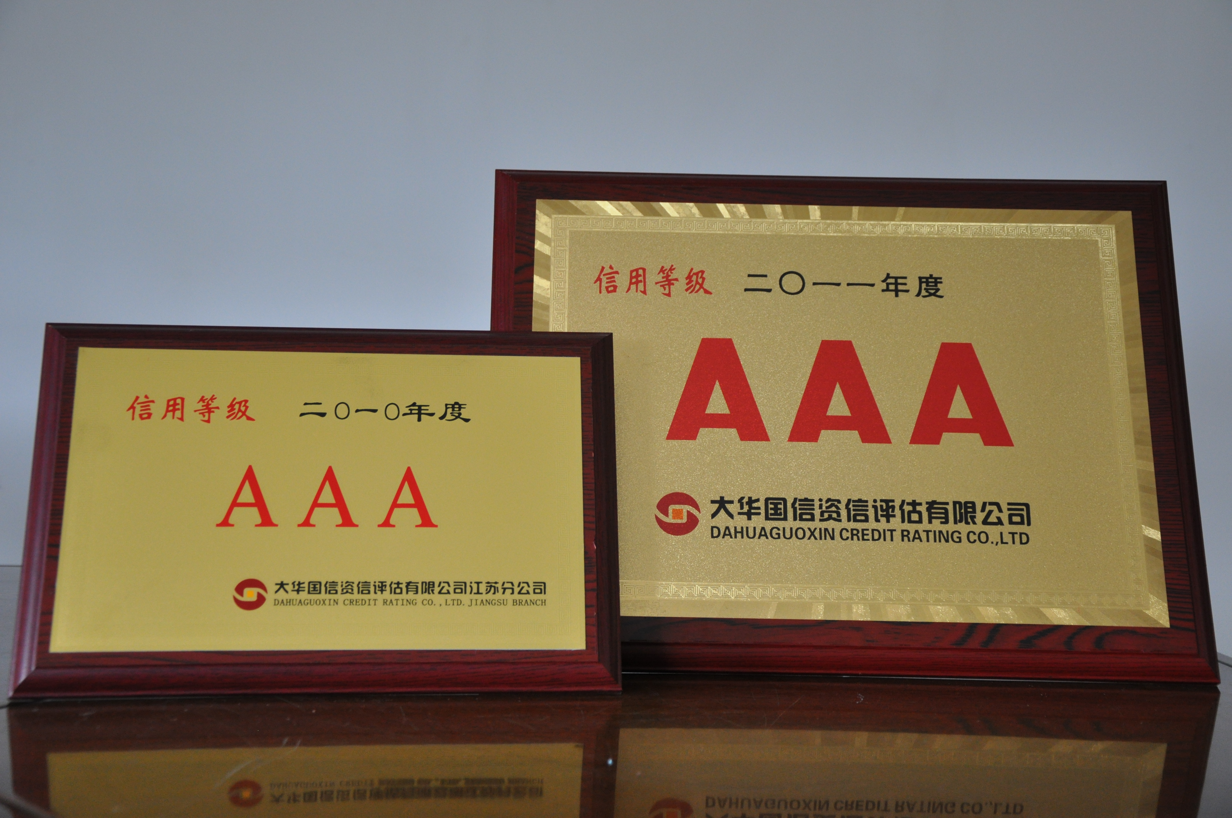 1996年至今連續15年獲得江蘇大華、遠東、東宇等國際評估機構資信評估AAA信用等級